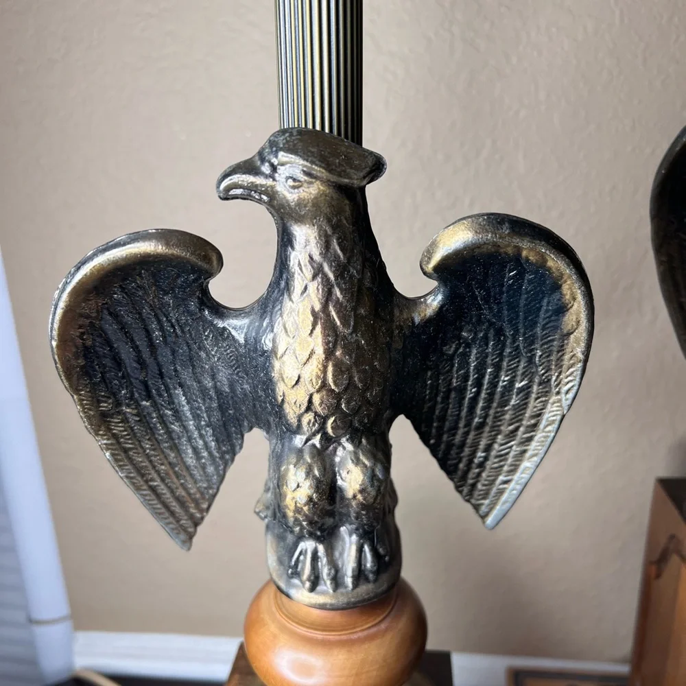 Vintage 1970’s Federal Style Pair American Eagle Lamps, Solid Wood, Brass, Ameri